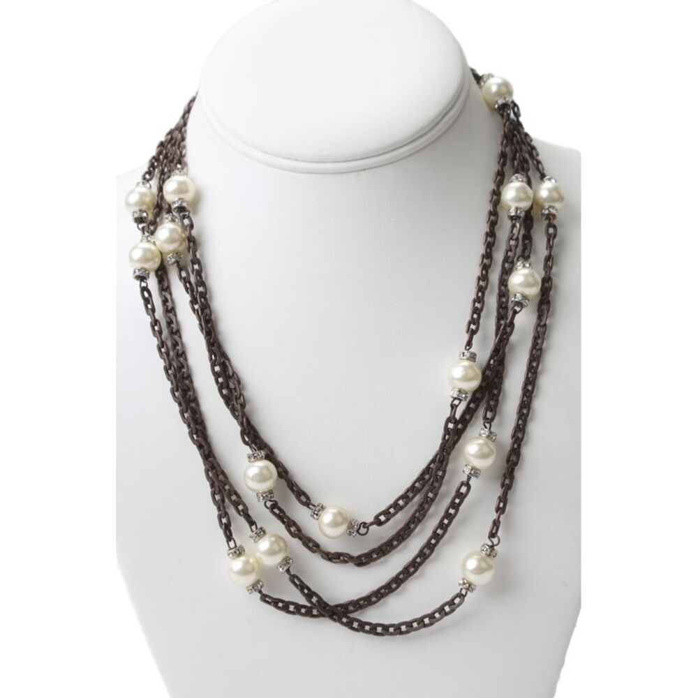 Chanel Womens Bronze Tone Chain Imitation Pearl + Crystal Station Necklace 80"